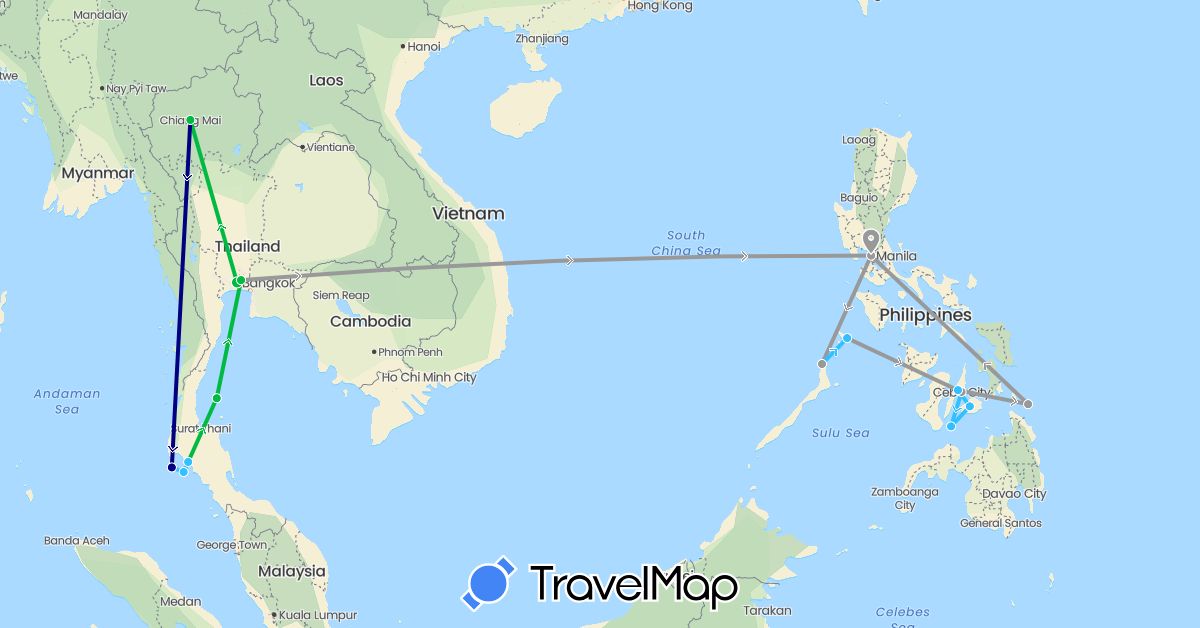 TravelMap itinerary: driving, bus, plane, boat in Philippines, Thailand (Asia)
